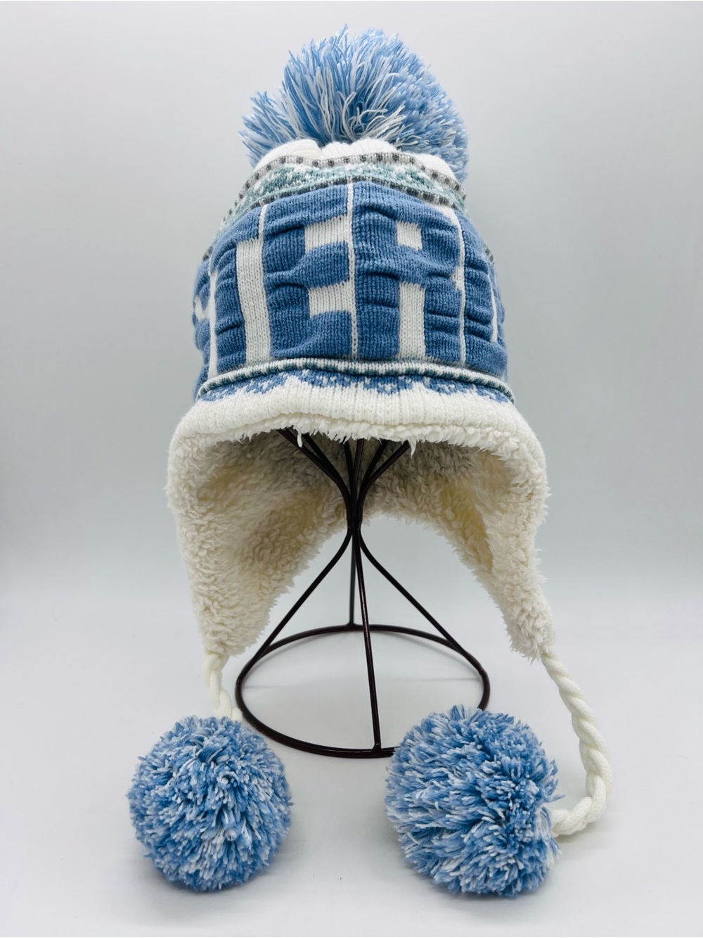 Robin Ruth Light Blue and White Pom-Pom Sherpa Earflap Hat “Amsterdam” One Size